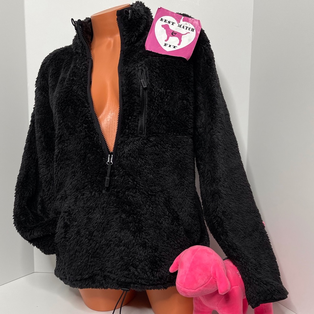 Victoria’s Secret PINK M Sherpa Logo Quarter Zip Hoodie Pocket Zipper